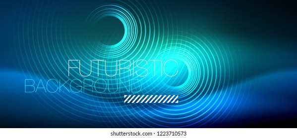 Fondo de los círculos brillantes neones, plantilla de magia de energía vectorial