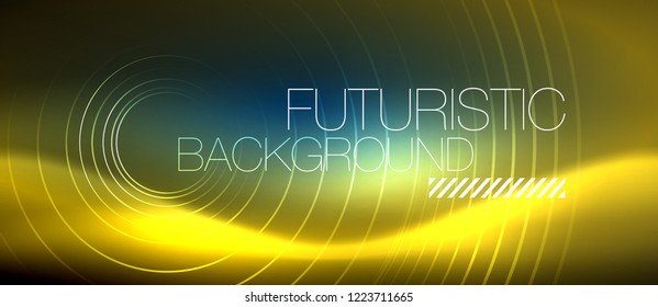 Neon glowing circles background, vector energy magic template