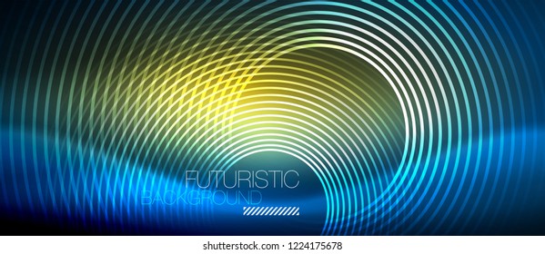 Neon glowing circles background, vector energy magic template