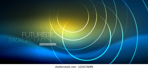 Neon glowing circles background, vector energy magic template