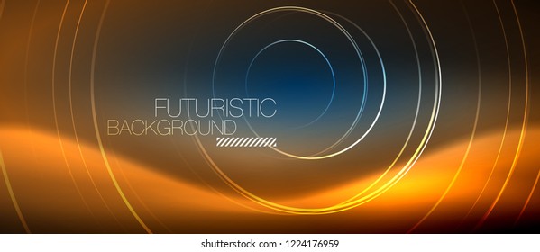 Neon glowing circles background, vector energy magic template