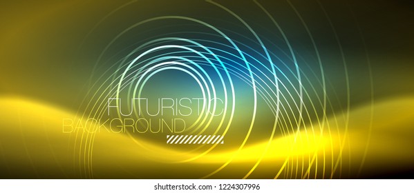 Neon glowing circles background, vector energy magic template