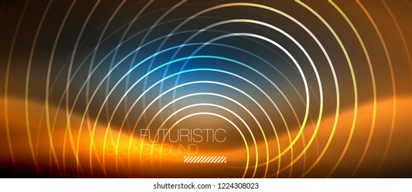 Neon glowing circles background, vector energy magic template