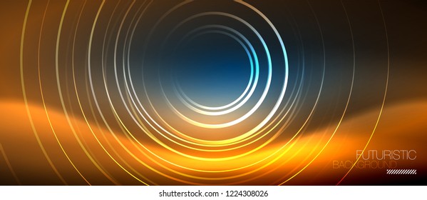 Neon glowing circles background, vector energy magic template