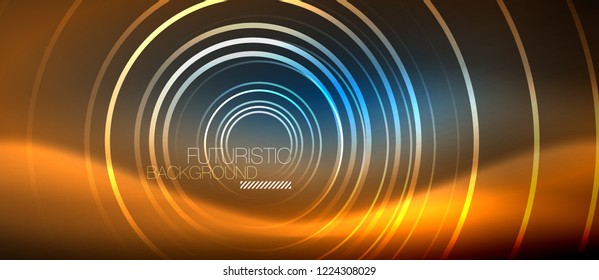 Neon glowing circles background, vector energy magic template