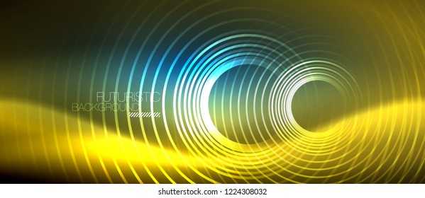 Neon glowing circles background, vector energy magic template