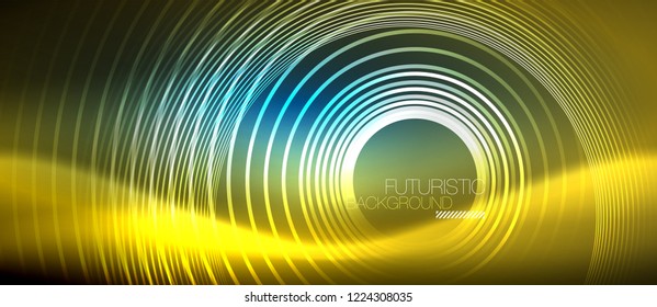 Neon glowing circles background, vector energy magic template