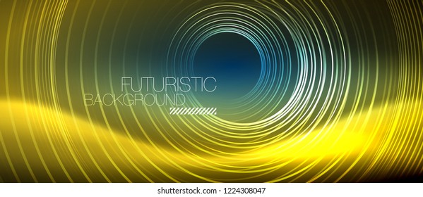 Neon glowing circles background, vector energy magic template