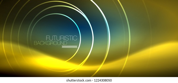 Neon glowing circles background, vector energy magic template