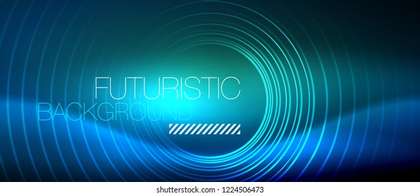 Neon glowing circles background, vector energy magic template