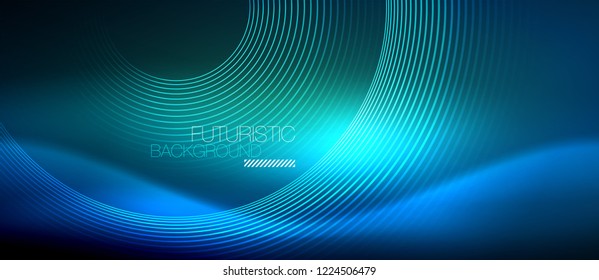 Neon glowing circles background, vector energy magic template
