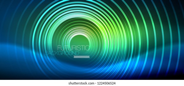 Neon glowing circles background, vector energy magic template