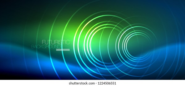 Neon glowing circles background, vector energy magic template