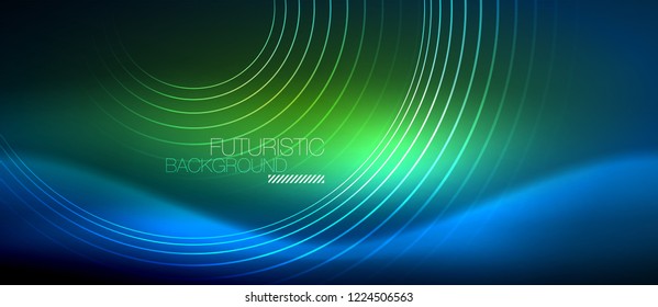 Neon glowing circles background, vector energy magic template