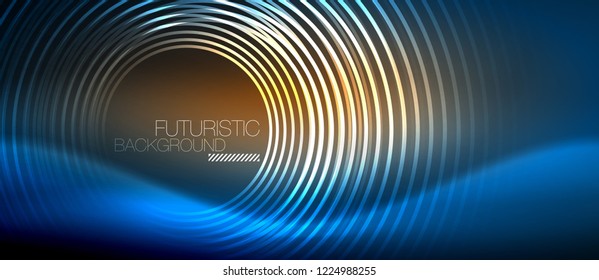 Neon glowing circles background, vector energy magic template