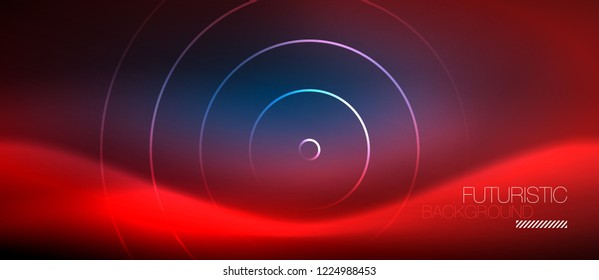 Neon glowing circles background, vector energy magic template