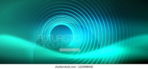 Fondo de los círculos brillantes neones, plantilla de magia de energía vectorial