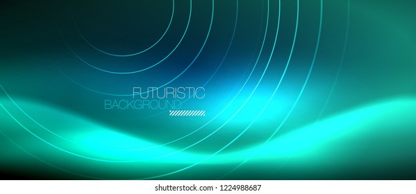 Neon glowing circles background, vector energy magic template