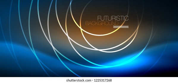 Neon glowing circles background, vector energy magic template