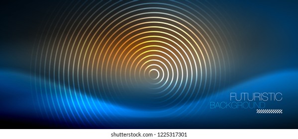 Neon glowing circles background, vector energy magic template