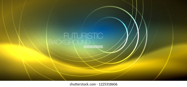 Fondo de los círculos brillantes neones, plantilla de magia de energía vectorial