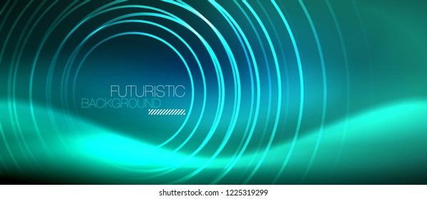 Fondo de los círculos brillantes neones, plantilla de magia de energía vectorial