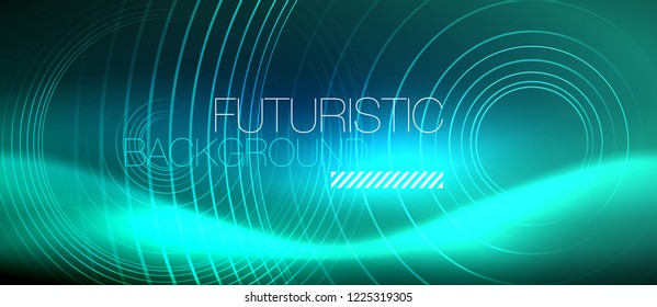 Neon glowing circles background, vector energy magic template