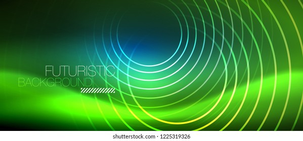 Neon glowing circles background, vector energy magic template