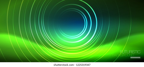 Neon glowing circles background, vector energy magic template