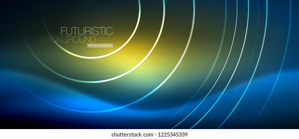 Neon glowing circles background, vector energy magic template
