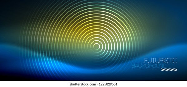 Neon glowing circles background, vector energy magic template