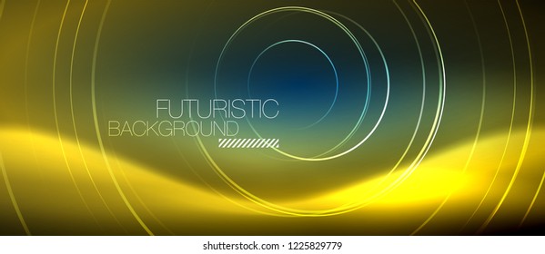 Fondo de los círculos brillantes neones, plantilla de magia de energía vectorial