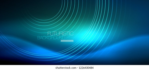 Neon glowing circles background, vector energy magic template
