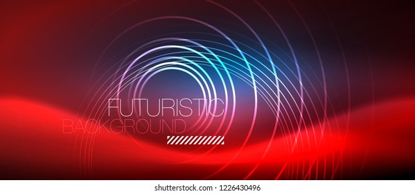 Fondo de los círculos brillantes neones, plantilla de magia de energía vectorial