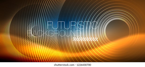 Neon glowing circles background, vector energy magic template