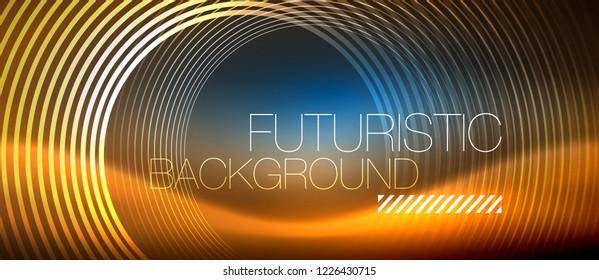 Neon glowing circles background, vector energy magic template