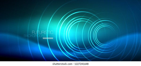 Neon glowing circles background, vector energy magic template