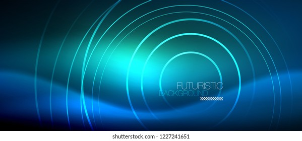 Neon glowing circles background, vector energy magic template