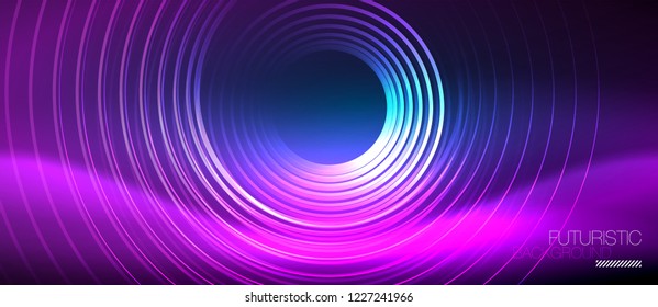 Neon glowing circles background, vector energy magic template