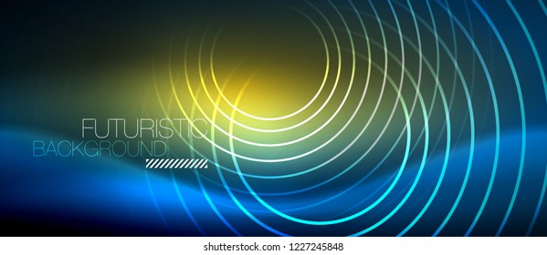 Neon glowing circles background, vector energy magic template