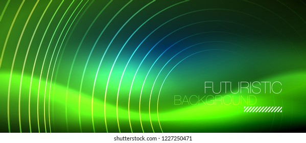 Neon glowing circles background, vector energy magic template