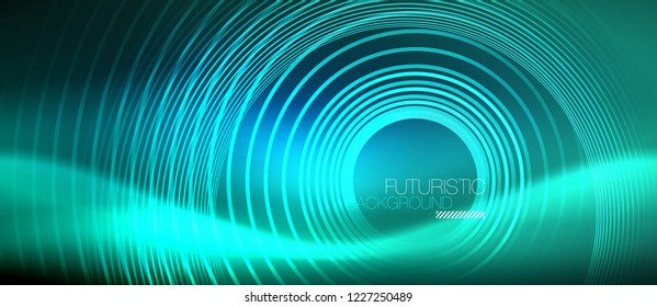 Neon glowing circles background, vector energy magic template