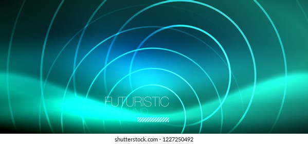 Neon glowing circles background, vector energy magic template