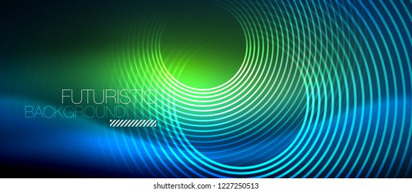 Neon glowing circles background, vector energy magic template