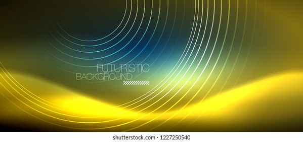 Neon glowing circles background, vector energy magic template