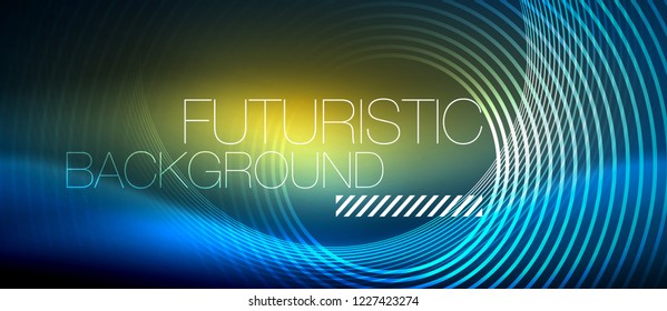 Neon glowing circles background, vector energy magic template