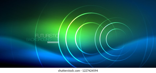 Neon glowing circles background, vector energy magic template