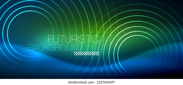 Neon glowing circles background, vector energy magic template