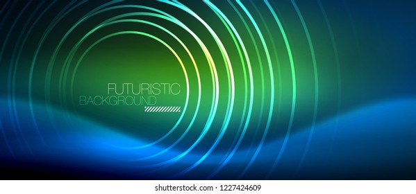 Fondo de los círculos brillantes neones, plantilla de magia de energía vectorial