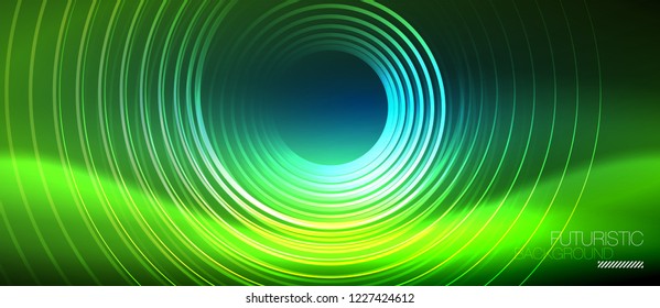 Neon glowing circles background, vector energy magic template